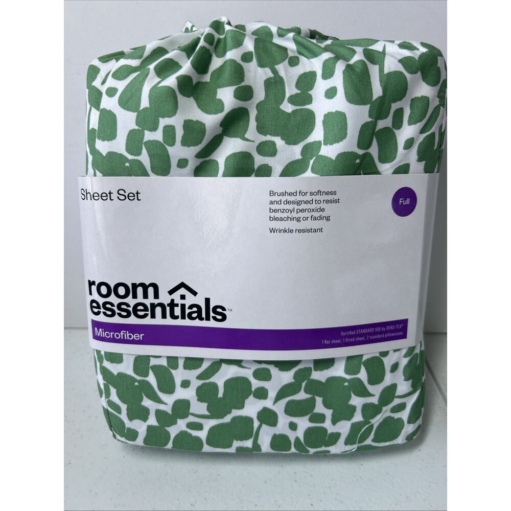 Room Essential Printed Microfiber Sheet Set Green/White Print(Size Full)